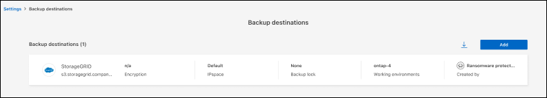 Backup destinations page the Settings option