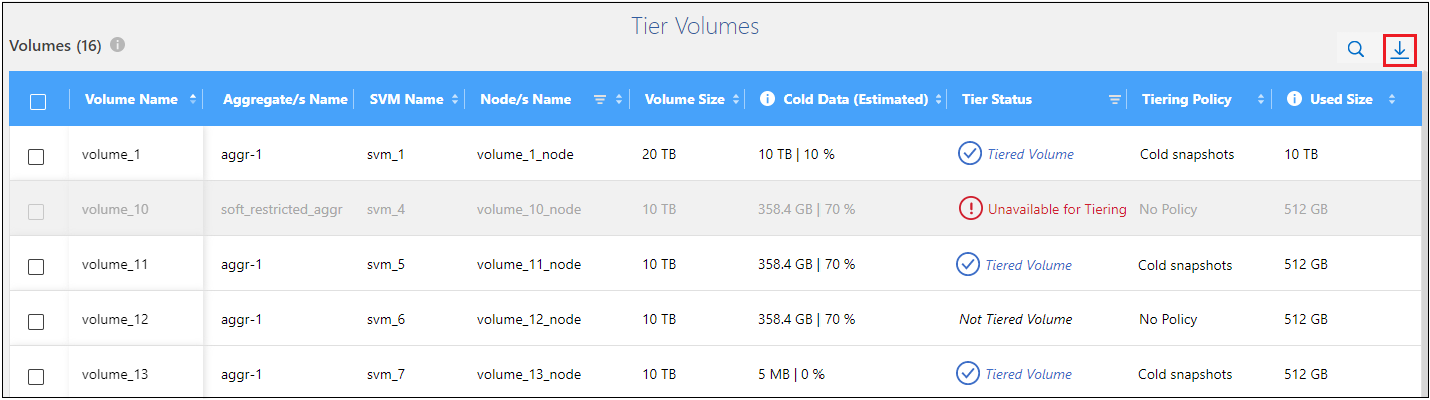 A screenshot showing how to generate a CSV file listing the tiering status of all your volumes.