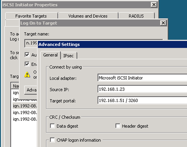 Illustration shows Advanced Settings dialog for Windows iSCSI Initiator login with settings that match the surrounding steps.