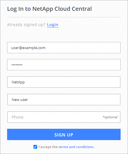 Ein Screenshot der Cloud Central Anmeldeseite, auf der Sie Ihre E-Mail-Adresse, Ihr Passwort, Ihren Namen, Ihr Unternehmen und Ihre Telefonnummer eingeben müssen, die optional ist.