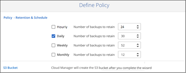Ein Screenshot, der die BlueXP Backup- und Recovery-Einstellungen zeigt, in denen Sie Ihren Backup-Zeitplan und den Aufbewahrungszeitraum wählen können.