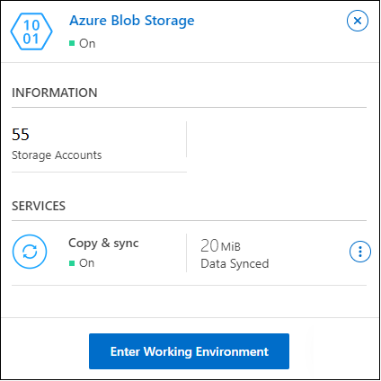 Ein Screenshot, der das Teilfenster „Aktionen“ zeigt, nachdem Sie eine Azure Blob Storage-Arbeitsumgebung ausgewählt haben. Im Fensterbereich werden die Gesamtzahl der Storage-Konten und eine Aktion zur Nutzung der BlueXP Services angezeigt.