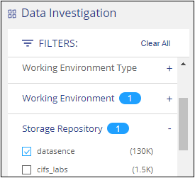 Ein Screenshot, wie ein Filter erstellt wird und Dateien aus einem einzelnen Storage Repository in einer einzelnen Arbeitsumgebung enthält
