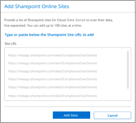 Ein Screenshot der Seite SharePoint-Sites hinzufügen, auf der Sie Sites hinzufügen können, die gescannt werden sollen.
