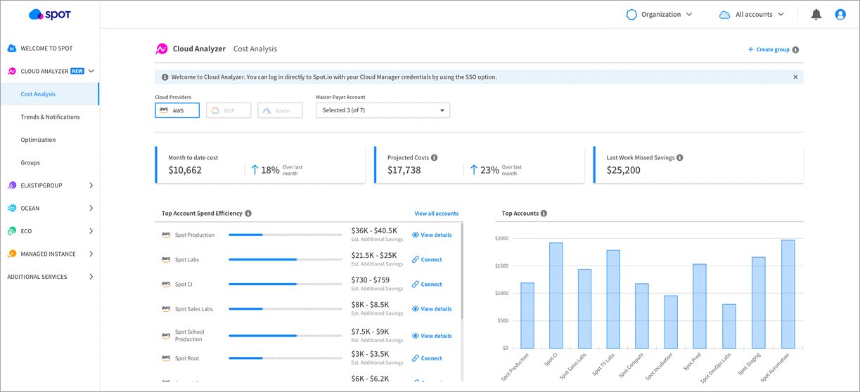 Ein Screenshot, der die Seite „Kostenanalyse“ in Spot’s Cloud Analyzer anzeigt.