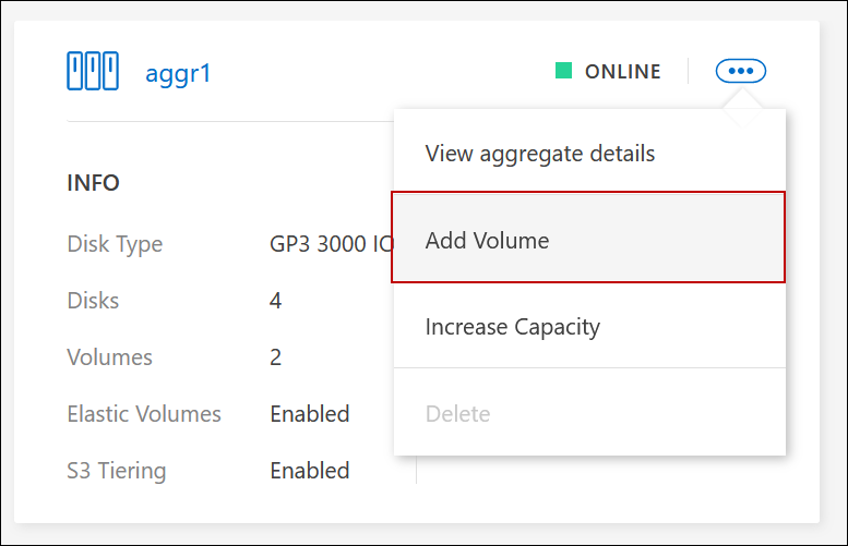 Ein Screenshot der Schaltfläche „Volume hinzufügen“ unter der Registerkarte „Aggregate“.