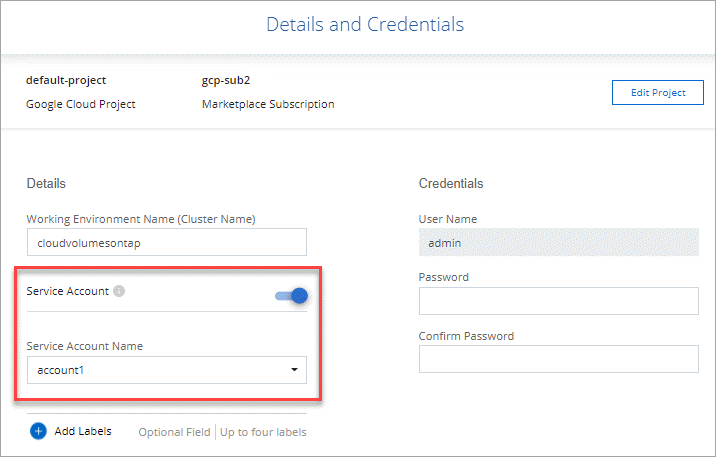 Ein Screenshot der Seite Details and Credentials, auf der Sie ein Dienstkonto für Cloud Volumes ONTAP aktivieren können.