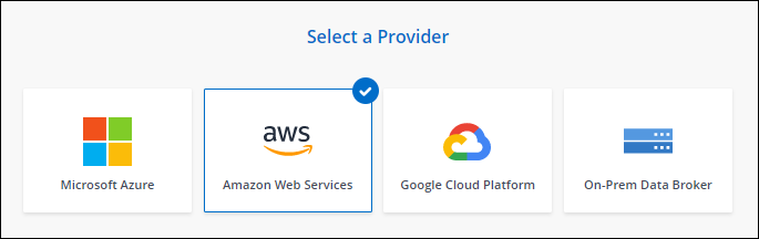Einen Screenshot der Seite „Data Broker“ mit der Wahl zwischen AWS, Azure, Google Cloud und einem Daten-Broker vor Ort.