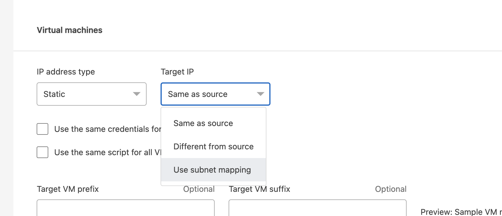 Screenshot der Subnetz-Mapping-Auswahl