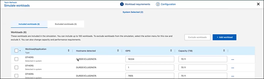 Seite „Workloads simulieren“ mit den Anforderungsoptionen