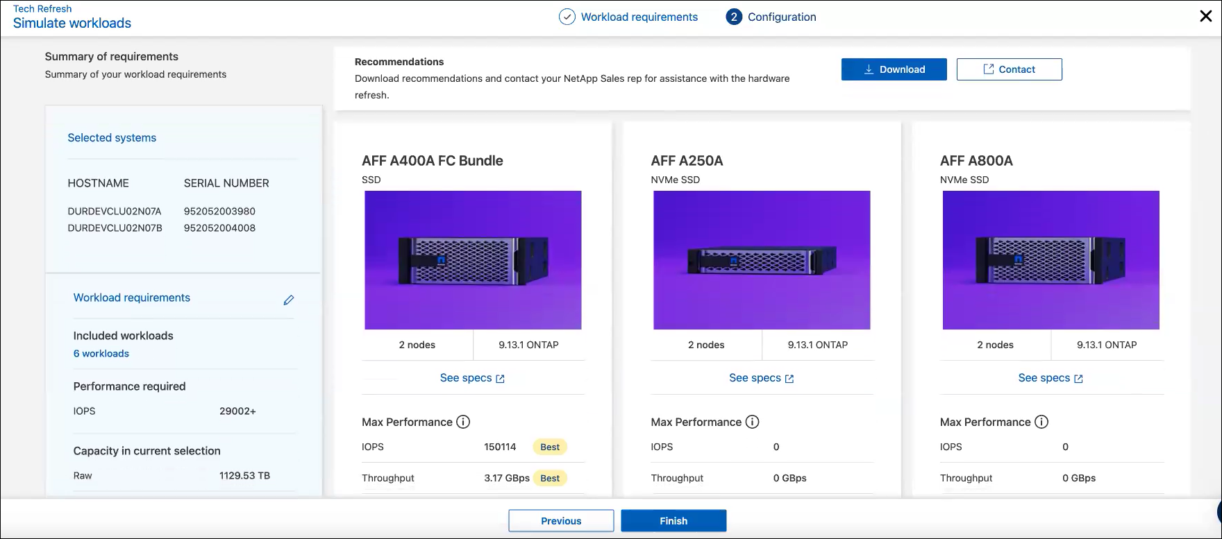 Seite „Workloads simulieren“ mit den Simulationsergebnissen