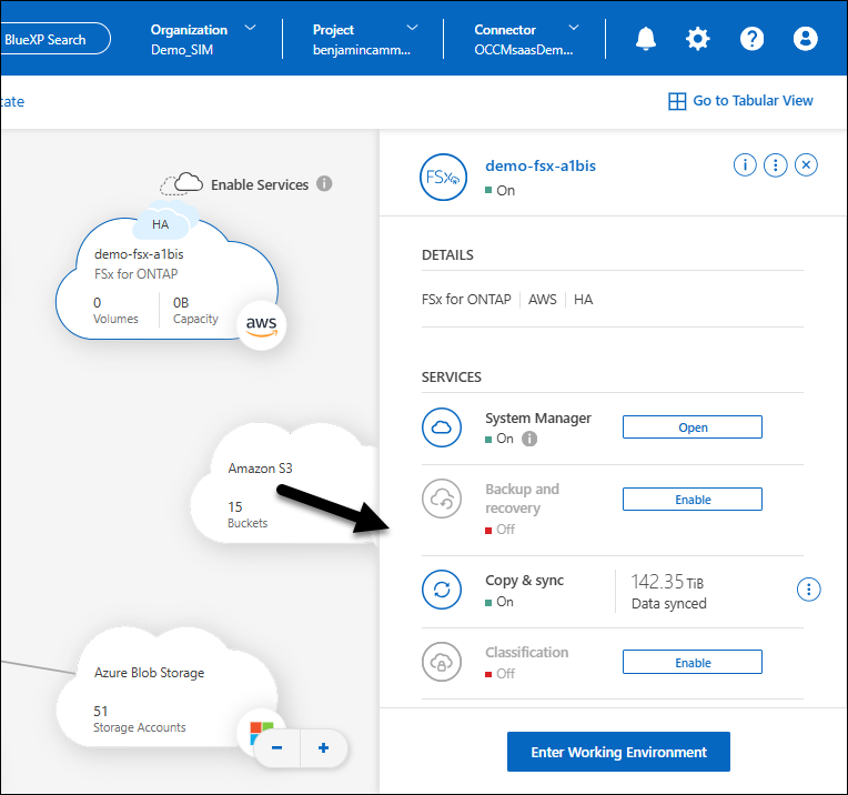 Ein Screenshot aus dem rechten Fensterbereich auf dem BlueXP -Bildschirm nach Auswahl einer Arbeitsumgebung, in der die Option System Manager angezeigt wird.