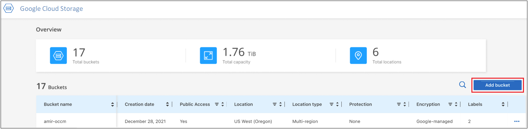 Ein Screenshot mit den Details einer Google Cloud-Storage-Arbeitsumgebung und der Schaltfläche „Bucket hinzufügen“.