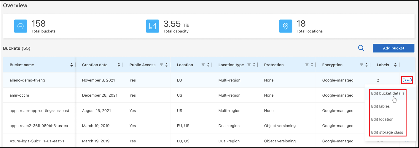 Ein Screenshot, der zeigt, wie die Schaltfläche „Bucket-Details bearbeiten“ ausgewählt wird, um Bucket-Eigenschaften zu bearbeiten.