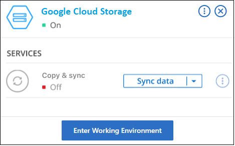 Ein Screenshot, der das Aktionsfenster zeigt, nachdem Sie eine Arbeitsumgebung in Google Cloud Storage ausgewählt haben. Der Fensterbereich zeigt die Gesamtzahl der Buckets und verfügbaren Aktionen an.