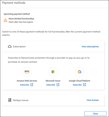 Die BlueXP Seite mit den Zahlungsmethoden für Ransomware-Schutz