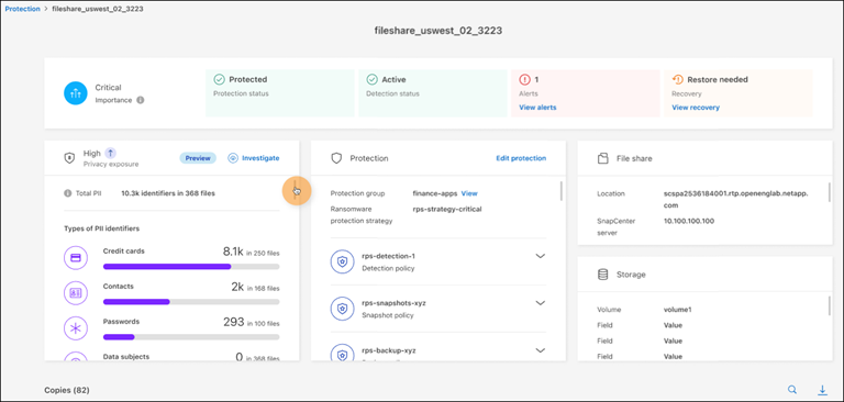 Workload-Details-Bildschirm mit der Kachel „Datenschutz“