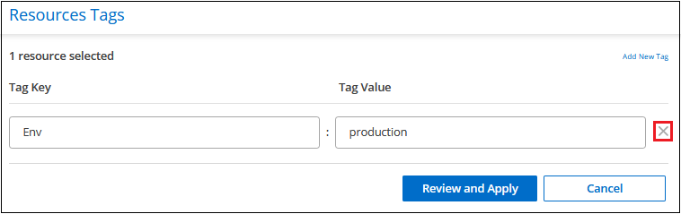 Ein Screenshot, in dem das Löschen eines Tags aus einer Ressource oder mehreren Ressourcen angezeigt wird.