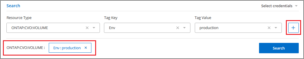 Ein Screenshot der Tag-Suchkriterien, die der Suchzeile hinzugefügt wurden.