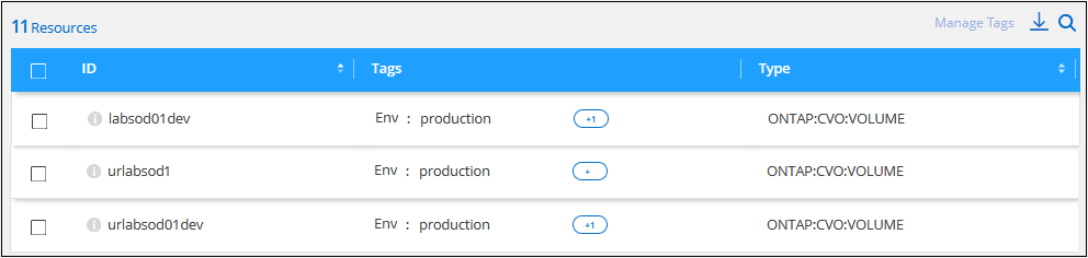 Ein Screenshot der Ergebnisse für Ressourcen, die den Kriterien für die Tag-Suche entsprechen.
