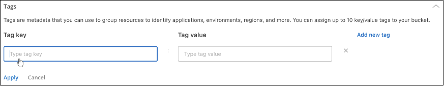 Ein Screenshot, der zeigt, wie ein neues Tag-Schlüssel-/Wertepaar für einen Bucket hinzugefügt wird.