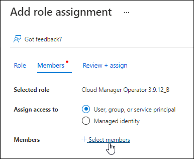 Ein Screenshot des Azure-Portals, auf dem die Registerkarte Mitglieder angezeigt wird, wenn einer Anwendung eine Rolle hinzugefügt wird.