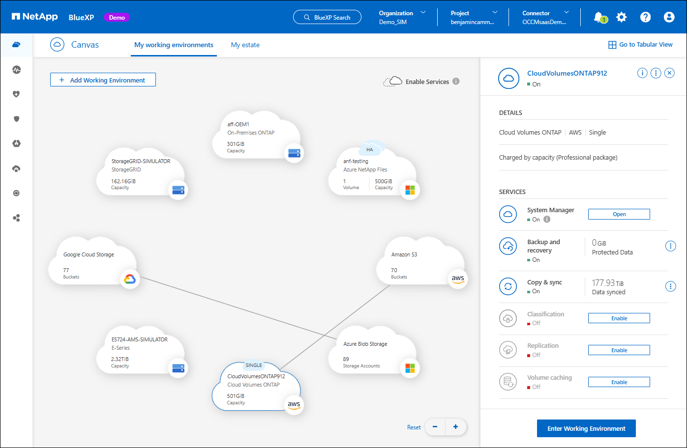 Ein Screenshot aus dem BlueXP  Bildschirm zeigt mehrere Arbeitsumgebungen, von denen eine ausgewählt ist und die Möglichkeit zeigt, BlueXP -Datenservices zu aktivieren oder die Option Arbeitsumgebung eingeben auszuwählen, um Storage zu verwalten.