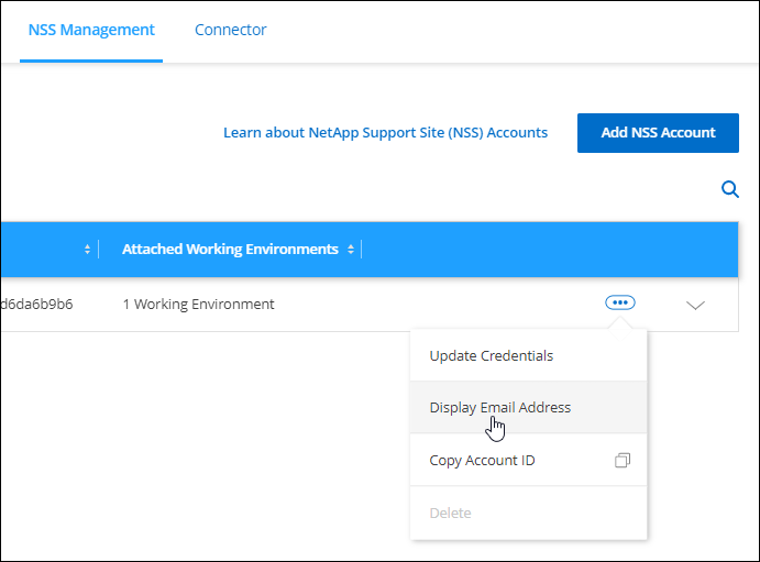 Ein Screenshot, der das Aktivitätsmenü für ein NetApp Support Site Konto anzeigt, in dem die E-Mail-Adresse angezeigt werden kann.