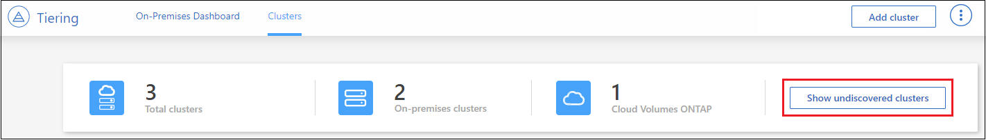Ein Screenshot, in dem die Schaltfläche „nicht erkannte Cluster anzeigen“ im Tiering Dashboard angezeigt wird.