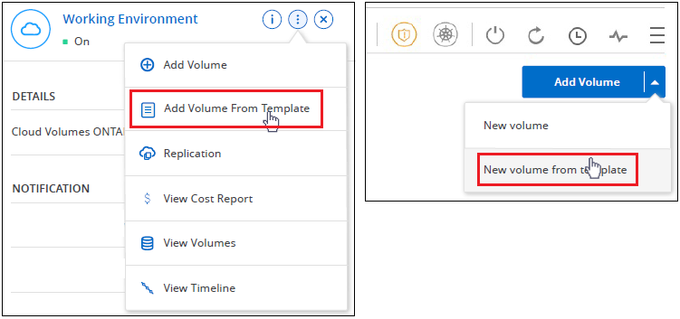 Zwei Screenshots zeigen, wie Benutzer neue Volumes aus einer Vorlage erstellen können.