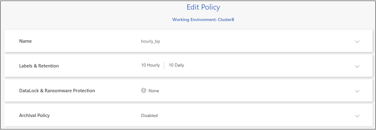 Ein Screenshot, der die Einstellungen für die Backup-Richtlinien zeigt, in dem Sie den Backup-Zeitplan und die Einstellung für die Backup-Aufbewahrung ändern können.