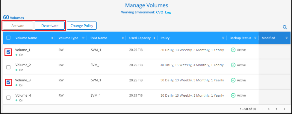 Die Seite Volumes managen, auf der Sie Volumes auswählen oder deaktivieren können.
