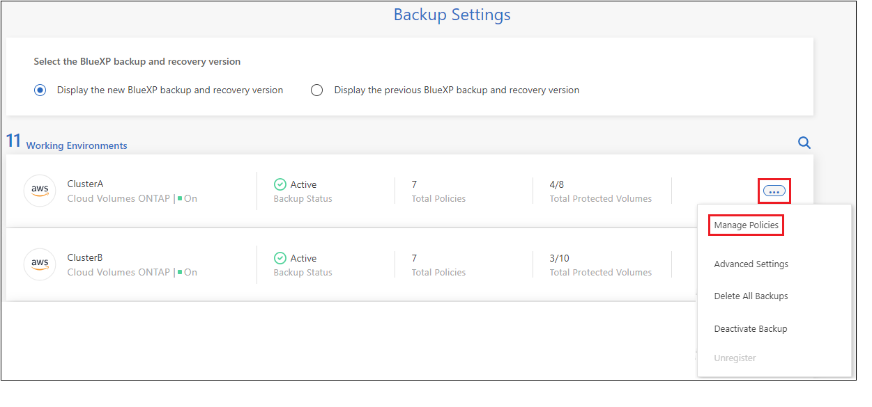 Ein Screenshot, in dem die Option Richtlinien verwalten auf der Seite Backup Settings angezeigt wird.