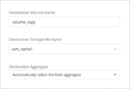 Ein Screenshot zeigt die Möglichkeit, die Storage-VM auszuwählen, in der Sie ein Volume replizieren möchten.