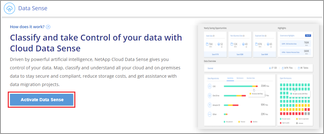 Ein Screenshot, in dem die Schaltfläche zum Aktivieren von Cloud Data Sense ausgewählt wird.