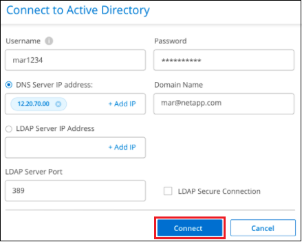 Ein Screenshot aus dem Dialogfeld, in dem Sie das Active Directory definieren, das Sie in die BlueXP Klassifizierung integrieren möchten.
