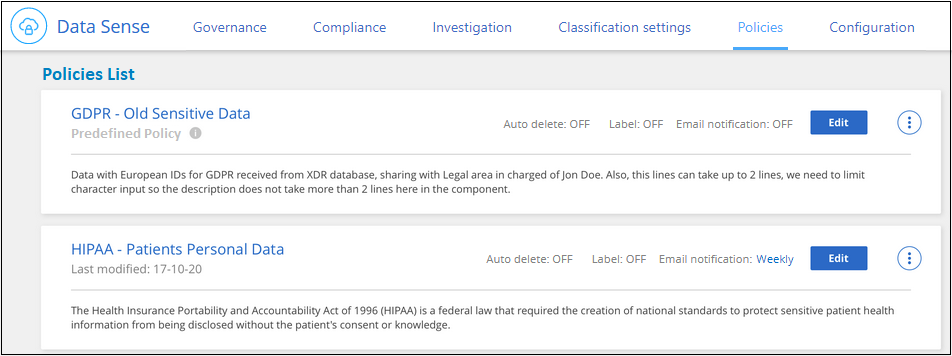 Ein Screenshot der Registerkarte „Richtlinien“ im BlueXP Klassifizierungs-Dashboard