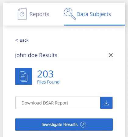Ein Screenshot, der eine Suche nach dem Namen "John Doe" nach einem DSAR zeigt.
