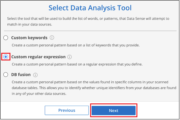Ein Screenshot, der die Auswahl von Custom Regular Expression als Tool zeigt, mit dem die BlueXP-Klassifizierung das Muster erstellt.