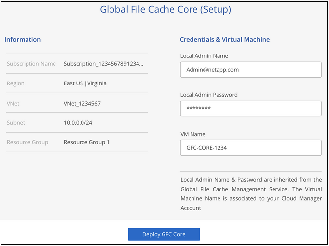 Ein Screenshot mit den für das Einrichten der Global File Cache Core-Instanz erforderlichen Konfigurationsinformationen.