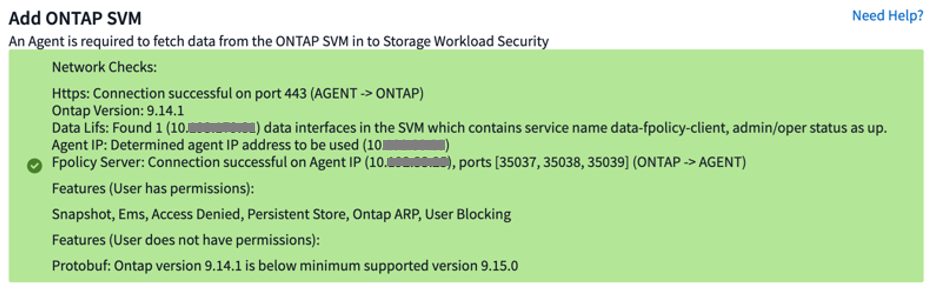 Erfolgsmeldung „Verbindung testen“ von Workload Security