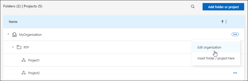 Ein Screenshot der Übersichtsseite, der das Aktionssymbol und die Option „Organisation bearbeiten“ zeigt.