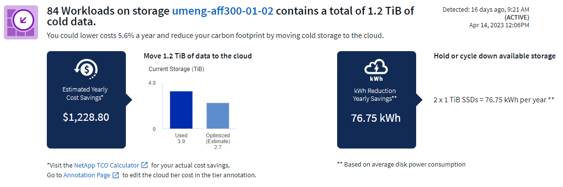 Beispielrecommendaations für Cold Data Insight