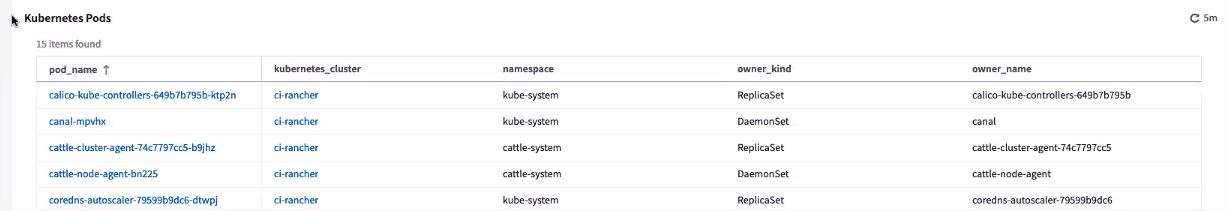 Kubernetes Pod-Tabelle auf der VM-Landing Page