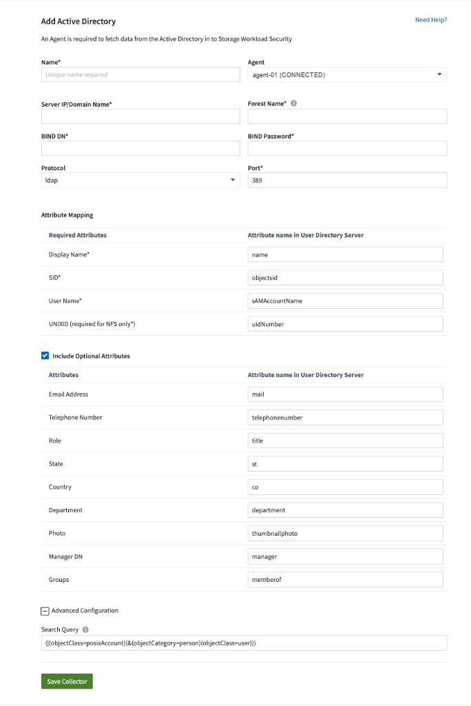 Formular für den Active Directory Collector mit Verbindungsfeldern, erforderlichen und optionalen Attributzuordnungen sowie der Advanced Configuration Search Query.,title="Add Active Directory collector",width=504,height=754