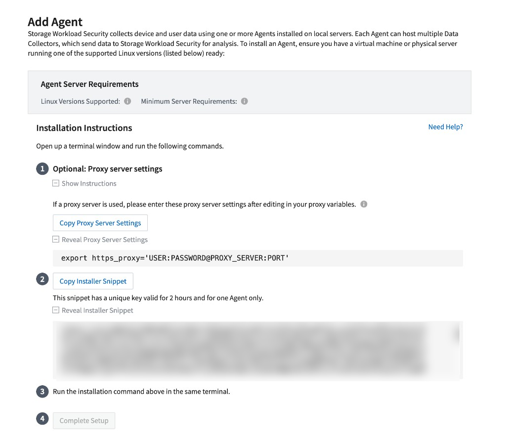 Die Seite „Agent hinzufügen“ mit den Anforderungen an den Agent Server, dem Proxyserver-Einstellungen-Schritt und dem Installer-Snippet,title="Die Seite „Agent hinzufügen“ mit den Anforderungen an den Agent Server, dem Proxyserver-Einstellungen-Schritt und dem Installer-Snippet",width=609,height=532