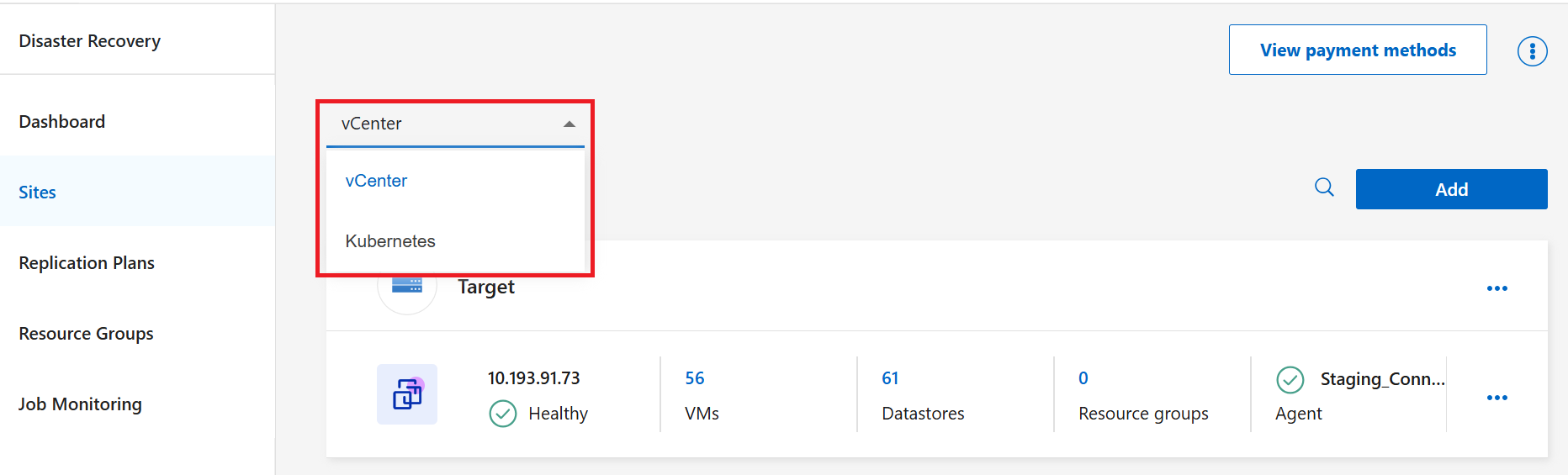 Screenshot der Umschaltung des Website-Typs