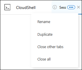Screenshot, der das Aktionsmenü der Registerkarte CloudShell mit Optionen wie Umbenennen, Duplizieren, Andere Tabs schließen und Alle schließen zeigt.