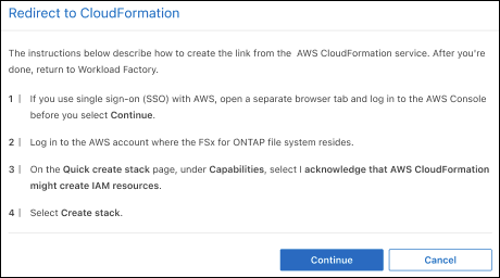 Ein Screenshot, der zeigt, wie der CloudFormation Stack erstellt wird, um Richtlinien und eine Rolle für Workload Factory Anmeldeinformationen hinzuzufügen.