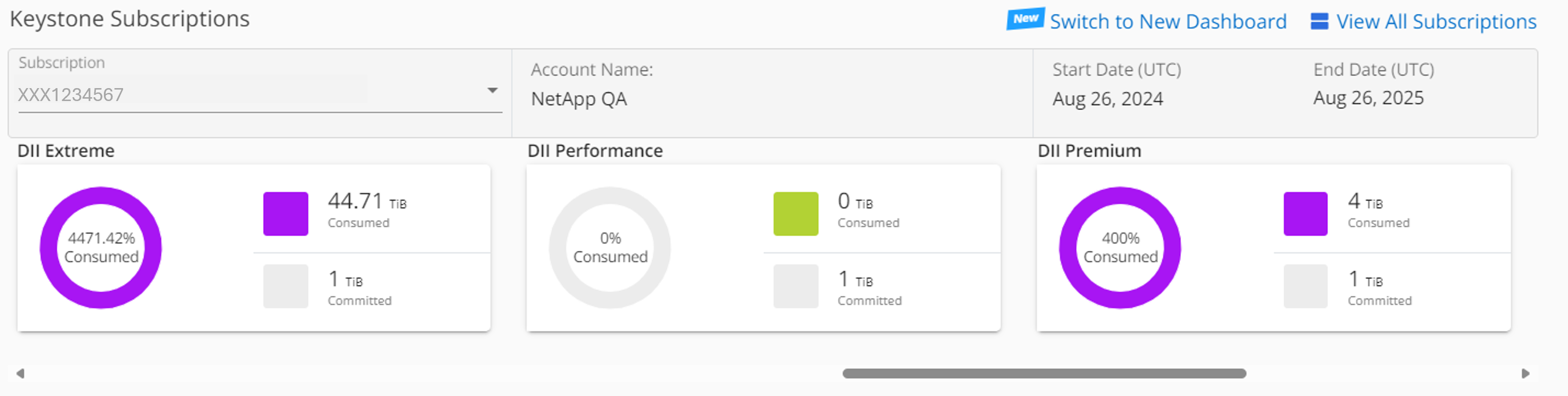 Screenshot des Keystone Abonnements-Widgets, das die DII-Service-Level anzeigt